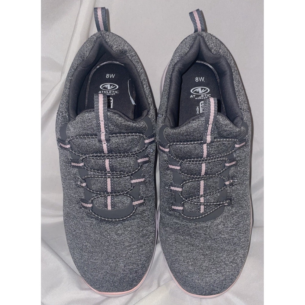 Athletic Works Womens 8W Gray Pink Bungee Slip On Walking Sneakers Memory Foam